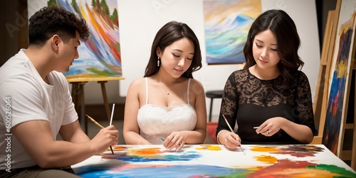 Beautiful young asian woman and a handsome man attending a painting workshop together and having fun. Generative AI