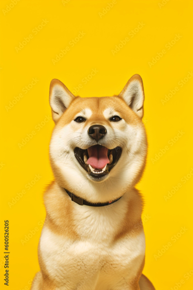 Happy shiba inu dog portrait on a yellow background