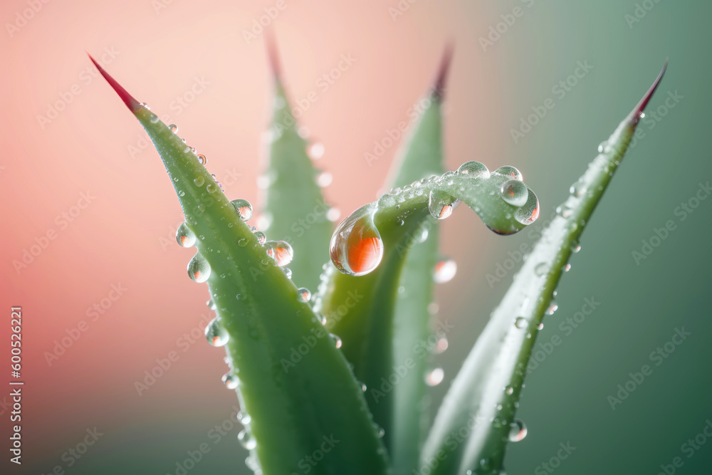 Fresh Aloe vera with droplets on pink background. Generative AI illustration Fresh Aloe vera with droplets on pink background. Generative AI illustration
