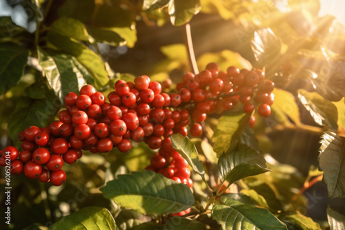 Coffee berries on a branch in a sunny day photo