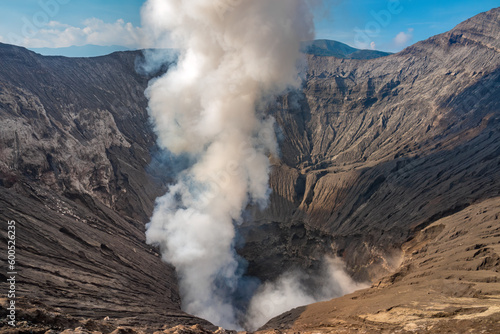 Dramatic view inside the crater and active caldera of Mount Bromo (Gunung Bromo) an active somma volcano, Bromo Tengger Semeru National Park, East Java, Indonesia.