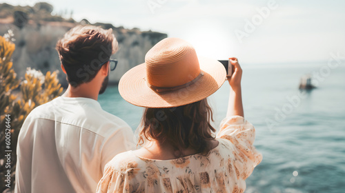 Man and woman couple with hat taking a selfie with cell phone on their summer vacation by the sea. Summer at the beach. Vacation as a couple. Generative ai