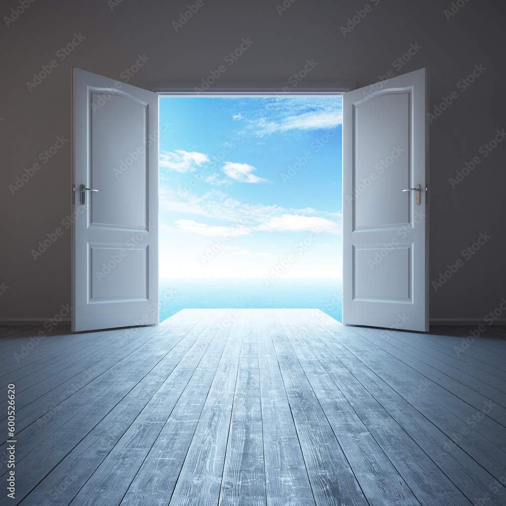 3d rendering the empty room with opened door - obrazy, fototapety, plakaty 