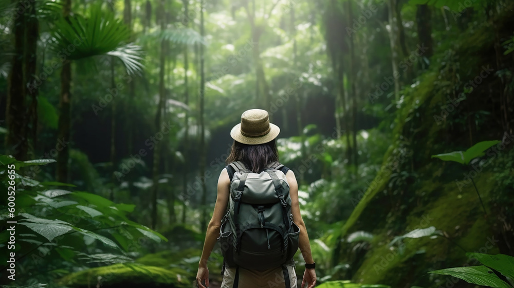 hiking woman in tropical jungle backpacker. Generative Ai