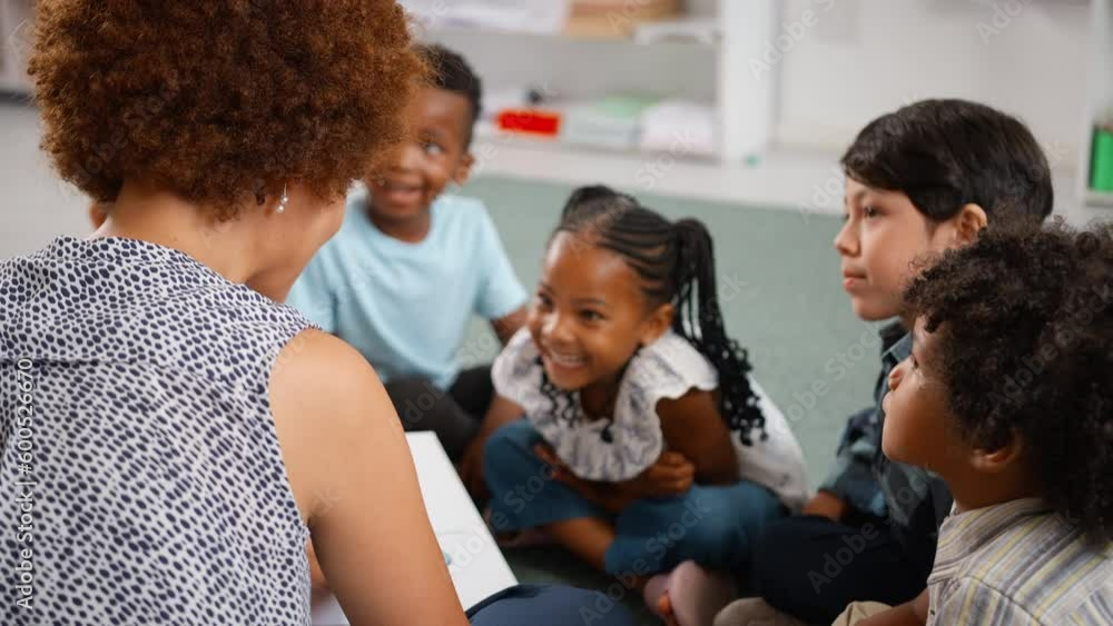 Female elementary school teacher holding book and reading story to class with focus racked from foreground to background - shot in slow motion Female elementary school teacher holding book and reading story to class with focus racked from foreground to background - shot in slow motion