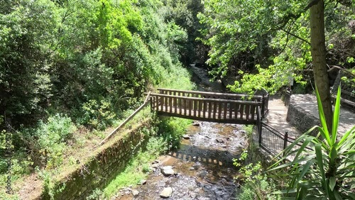 Beautiful wooden vintage bridge across small river in the forest.  Landscape in the summer. Calendar, postcard of the seasons, May, June, July, August.