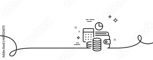 Budget accounting line icon. Continuous one line with curl. Finance management sign. Business economy symbol. Budget accounting single outline ribbon. Loop curve pattern. Vector