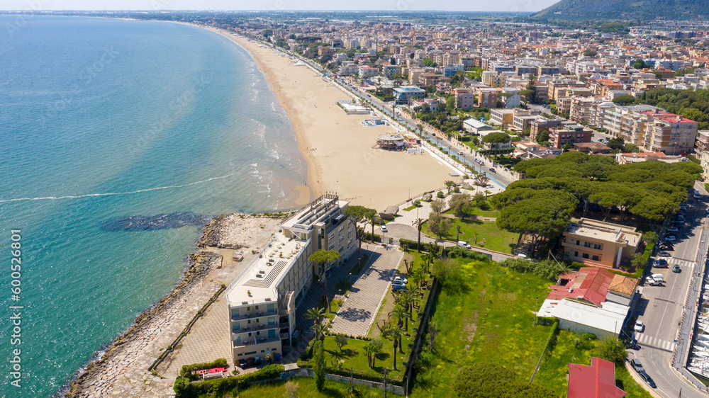 Aerial view of the seafront of Terracina, in the Province of Latina, Italy.