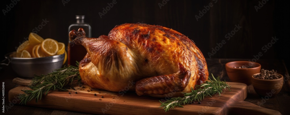 Banner tasty roasted whole chicken on wooden cutting board. Ai generative. Banner tasty roasted whole chicken on wooden cutting board. Ai generative.