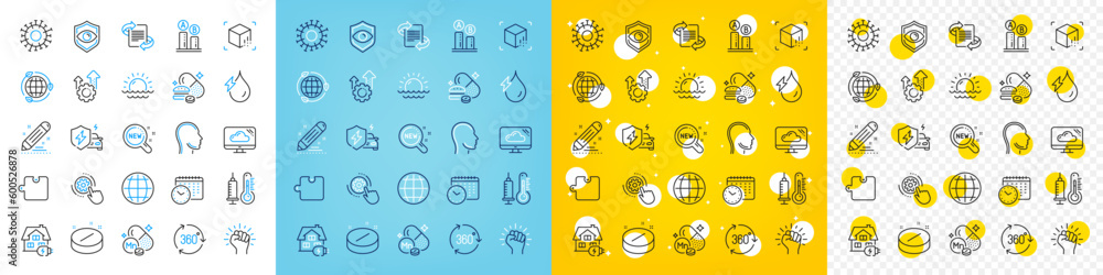 Vector icons set of Eye detect, Hydroelectricity and Coronavirus line icons pack for web with Seo gear, Overeating pills, Puzzle outline icon. Home charging, Head, Globe pictogram. Vector