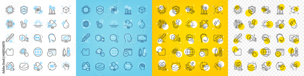Vector icons set of Eye detect, Hydroelectricity and Coronavirus line icons pack for web with Seo gear, Overeating pills, Puzzle outline icon. Home charging, Head, Globe pictogram. Vector Vector icons set of Eye detect, Hydroelectricity and Coronavirus line icons pack for web with Seo gear, Overeating pills, Puzzle outline icon. Home charging, Head, Globe pictogram. Vector