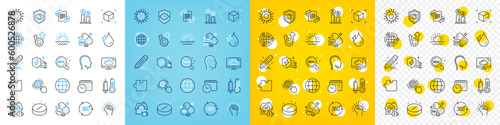 Vector icons set of Eye detect, Hydroelectricity and Coronavirus line icons pack for web with Seo gear, Overeating pills, Puzzle outline icon. Home charging, Head, Globe pictogram. Vector