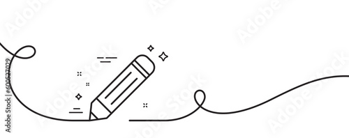 Pencil line icon. Continuous one line with curl. Edit sign. Drawing or Writing equipment symbol. Pencil single outline ribbon. Loop curve pattern. Vector