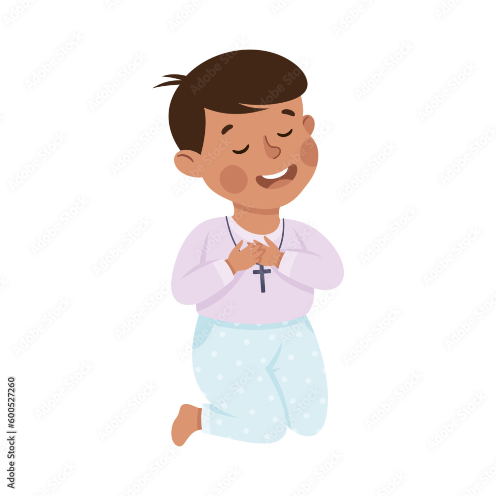 Little Boy Praying Sitting on the Floor with Bended Knees Vector Illustration Little Boy Praying Sitting on the Floor with Bended Knees Vector Illustration