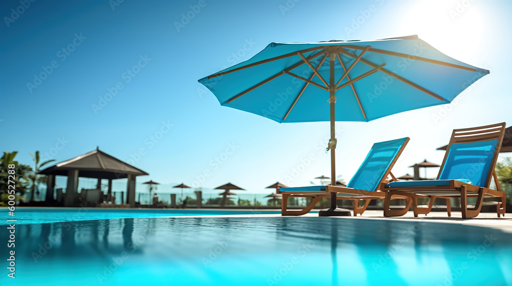 Umbrella and chair around outdoor swimming pool in resort hotel. Generative Ai