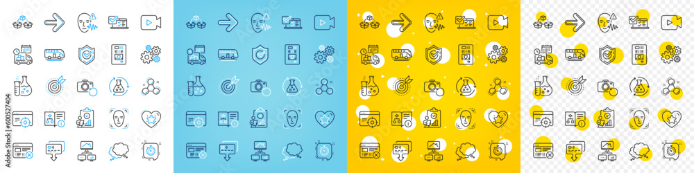 Vector icons set of Next, Chemistry experiment and Face detection line icons pack for web with Ranking star, Parcel shipping, Cogwheel outline icon. Seo targeting, Inspect, Confirmed pictogram. Vector