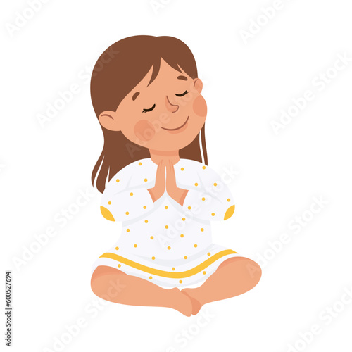 Little Girl Praying Sitting on the Floor with Bended Legs Vector Illustration