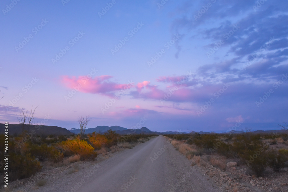 Backcountry Desert Road at Sunset at Big Bend National Park