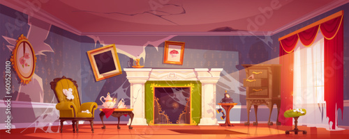 Old house room interior in victorian style. Antique living room with broken fireplace, dirty vintage furniture and mess. Empty abandoned living room, vector cartoon illustration
