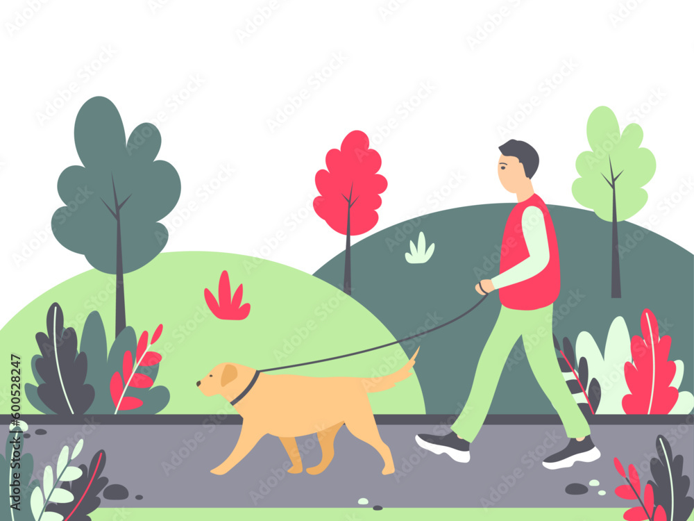 Man walking a dog in the park. Vector illustration with a man and ...