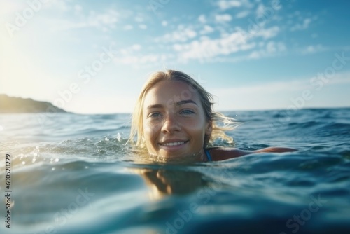 Young woman in her 30 years old swimming on supboard on the beach. Generative AI © dark_blade