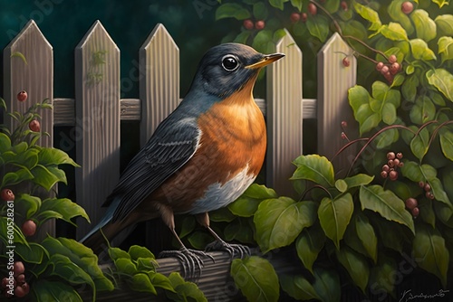 Vibrant American Robin perched on a flowering bush, in the midst of lush greenery - a beautiful symbol of spring and new beginnings.