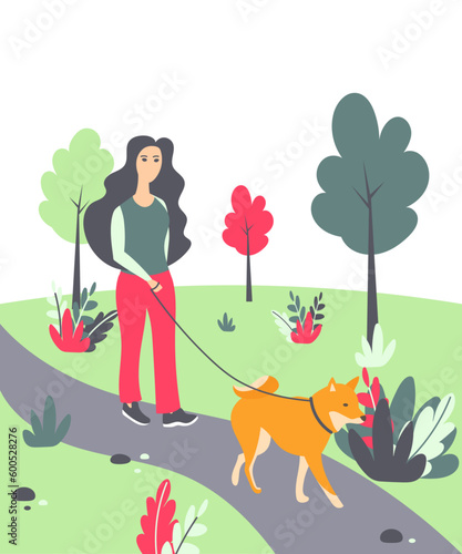Woman walking with a dog in the park. Vector illustration with a woman with shiba inu in the park.