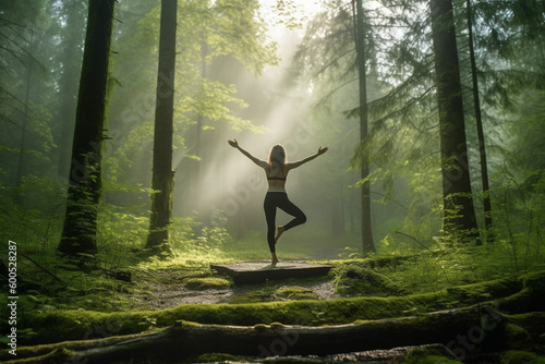 Yoga in a morning forest. Woman in a tree pose photo