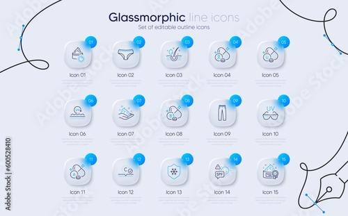 Set of Spf protection, Collagen skin and Skin care line icons for web app. Vitamin, Pantothenic acid, Sun cream icons. Vitamin a, Sunglasses, Pants signs. Serum oil, Panties, Uv protection. Vector