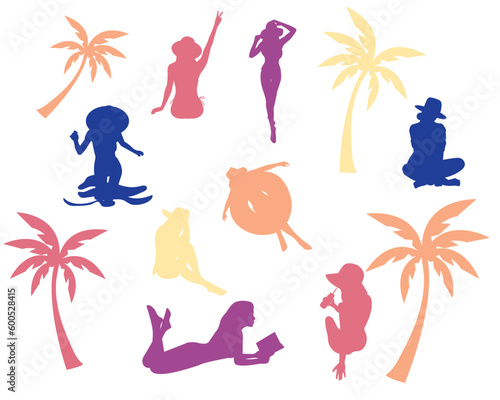 A silhouette set of beautiful girls having a rest on beach during holiday travel in blue red yellow orange purple colors on white background photo