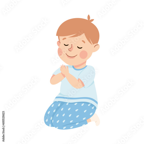 Little Boy Praying Sitting on the Floor On His Knees Vector Illustration