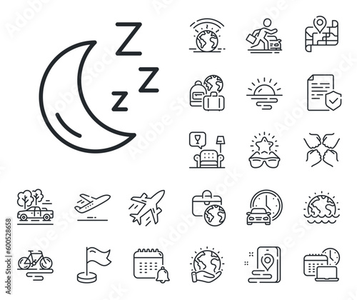 Sleep zzz sign. Plane jet, travel map and baggage claim outline icons. Moon line icon. Night lunar symbol. Moon line sign. Car rental, taxi transport icon. Place location. Airport lounge. Vector