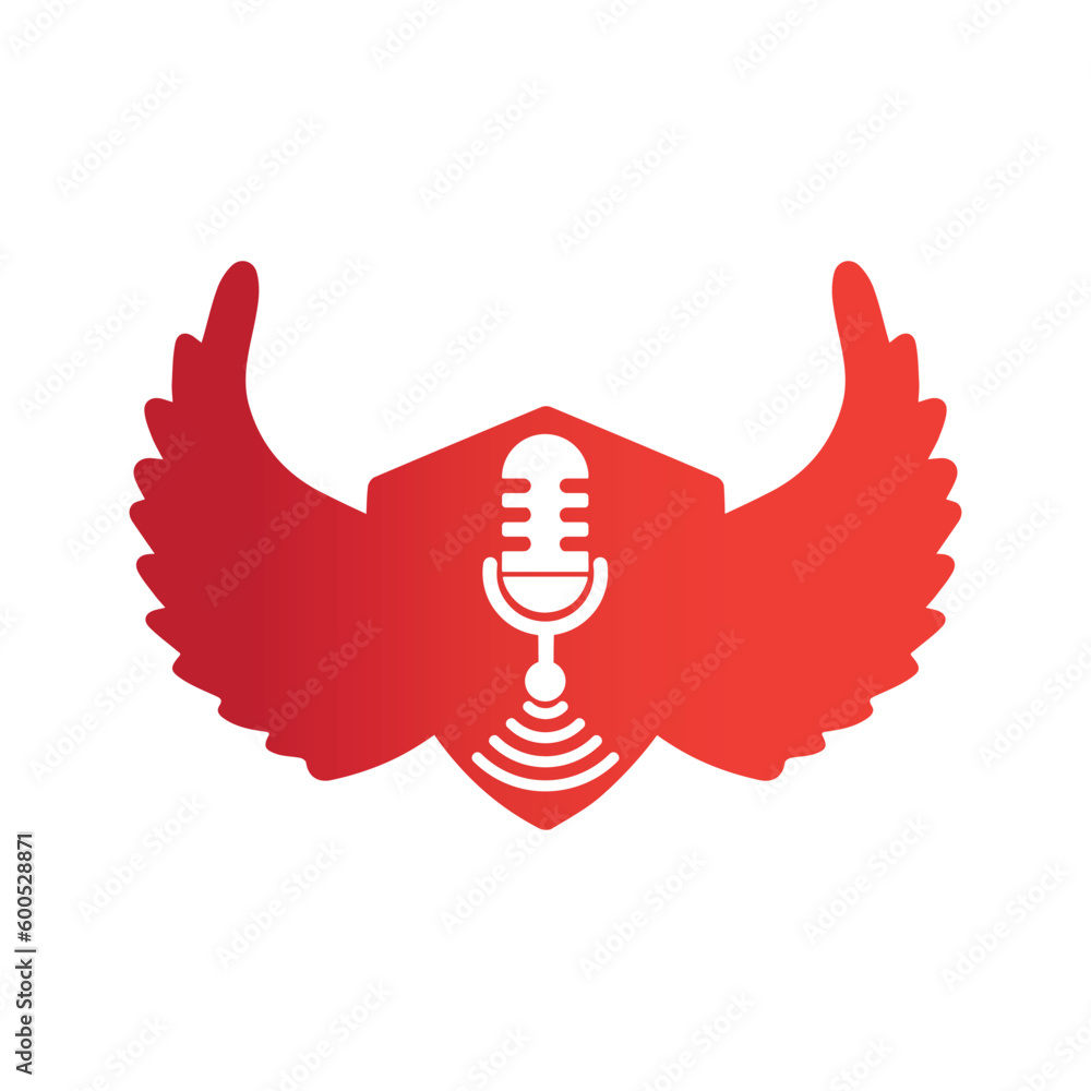 Fototapeta premium Wi-Fi Podcast microphone Icon with bird wings inside of shield shape vector Design. 