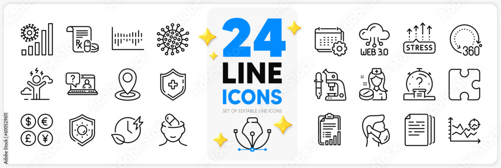 Icons set of Medical shield, Faq and Location line icons pack for app with Nurse, Charging time, Depression treatment thin outline icon. 360 degrees, Seo analysis, Sun protection pictogram. Vector