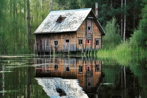 Outsider art wooden house reflecting in a pond - generative AI