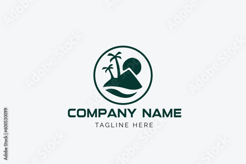 A beach logo with a palm tree and the word palm trees