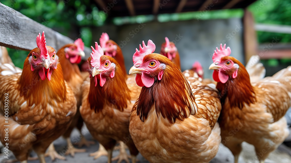 chickens on a farm in a coop. Hens in a free range farm house. Generative Ai