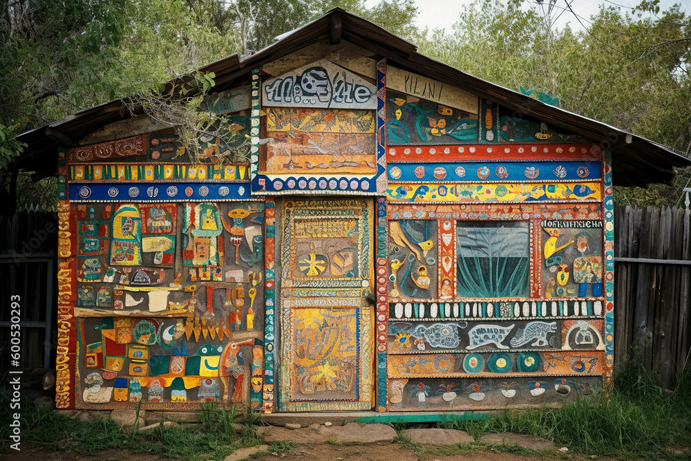 An Artist's Hand-Decorated Wooden House in Art Brut Style - generative AI