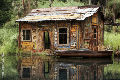 Artist s Self-Decorated Wooden House Reflected in Forest Pond - generative AI
