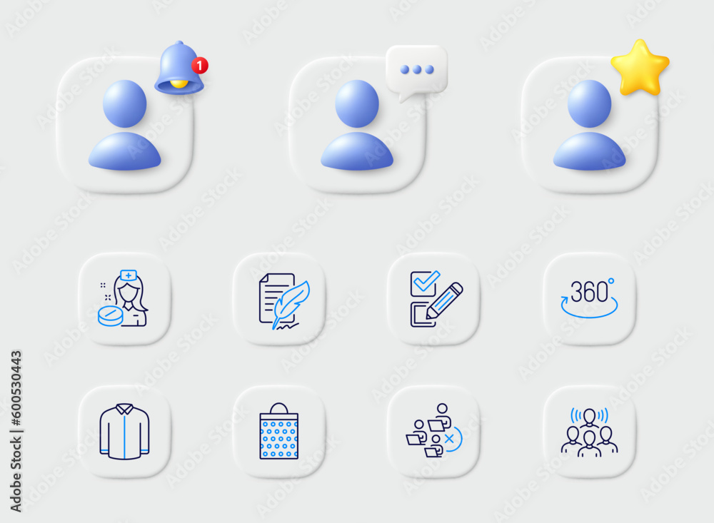 Checkbox, Team work and Feather signature line icons. Placeholder with 3d star, reminder bell, chat. Pack of Remove team, Shirt, Shopping bag icon. Full rotation, Nurse pictogram. Vector Checkbox, Team work and Feather signature line icons. Placeholder with 3d star, reminder bell, chat. Pack of Remove team, Shirt, Shopping bag icon. Full rotation, Nurse pictogram. Vector