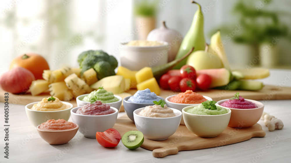 Baby food. Various bowls of fruit and vegetable puree with ingredients for cooking on wooden table. Generative Ai Baby food. Various bowls of fruit and vegetable puree with ingredients for cooking on wooden table. Generative Ai