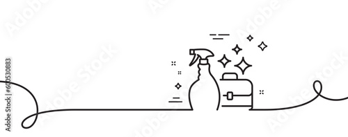 Cleaning spray line icon. Continuous one line with curl. Washing liquid or Cleanser symbol. Housekeeping service sign. Cleanser spray single outline ribbon. Loop curve pattern. Vector