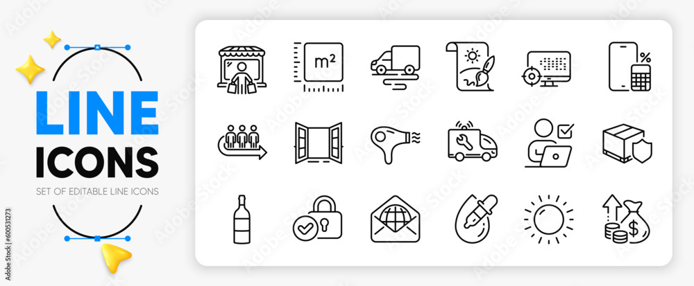 Eye drops, Queue and Wine bottle line icons set for app include Delivery route, Market buyer, Car service outline thin icon. Sunny weather, Verified locker, Web mail pictogram icon. Vector - obrazy, fototapety, plakaty 