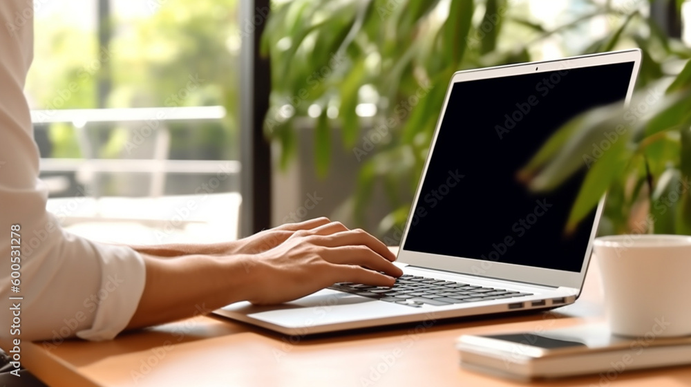 Young man using laptop computer with blank empty mockup screen. Business man working at office. Freelance, student lifestyle, e-learning, shopping online, web site, technolog. 
