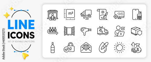 Eye drops, Queue and Wine bottle line icons set for app include Delivery route, Market buyer, Car service outline thin icon. Sunny weather, Verified locker, Web mail pictogram icon. Vector