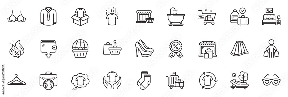Icons pack as Discount medal, Wallet and Shoes line icons for app include Baggage cart, Market, Hold t-shirt outline thin icon web set. Cloakroom, Buyer, Shirt pictogram. Marketplace. Vector
