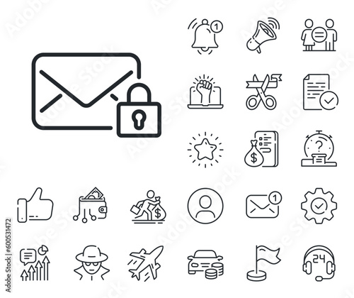 Private Message correspondence sign. Salaryman, gender equality and alert bell outline icons. Secure Mail line icon. E-mail symbol. Secure Mail line sign. Spy or profile placeholder icon. Vector