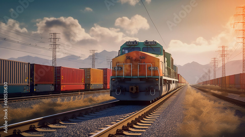 Container Freight Train with cloudy sky. Generative Ai