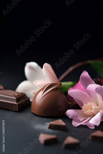 Chocolates closeup on black background with copy space. AI generated