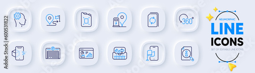 Location app, Update document and Full rotation line icons for web app. Pack of Augmented reality, Search, Toolbox pictogram icons. Seo statistics, Parking garage, Engineering signs. Vector